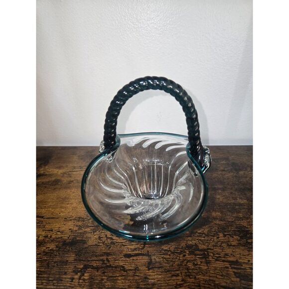 Vintage Clear & Turquoise Hand Blown Optic Glass Basket Applied Rope Handle - Picture 11 of 15